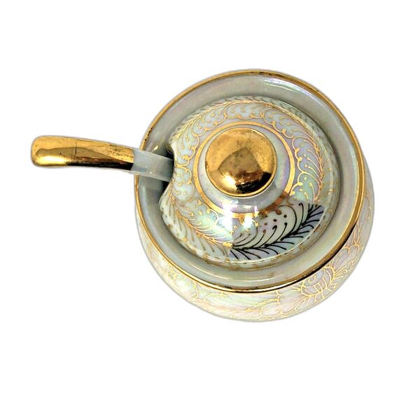 Porcelain Lusterware Serving Set VTG 4 Jam Jars w/Lids Spoons & Tray Thailand - Picture 10 of 11